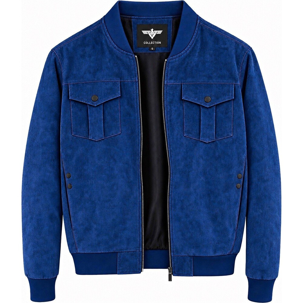 V.I.P. Collection Men's Blue Bomber Jacket Full Zip Band Collar Size S